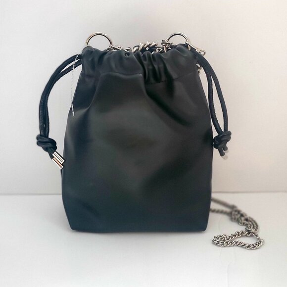 NEWER Faux Leather Black Bucket Crossbody Bag Silver Chain Embroidered Rose - Picture 6 of 13